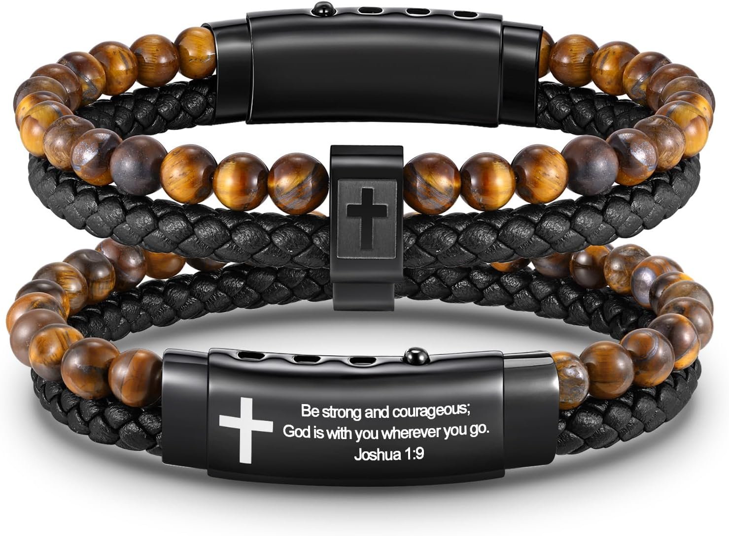 FLHEART Men’s Christian Cross Bracelet Gifts for Men, Double-Row Braided Leather Cross Cuff Bracelet Bible Verse Agate Onyx Beaded Bangle Cuff Gifts for Son Grandson Husband Boyfriend Brother