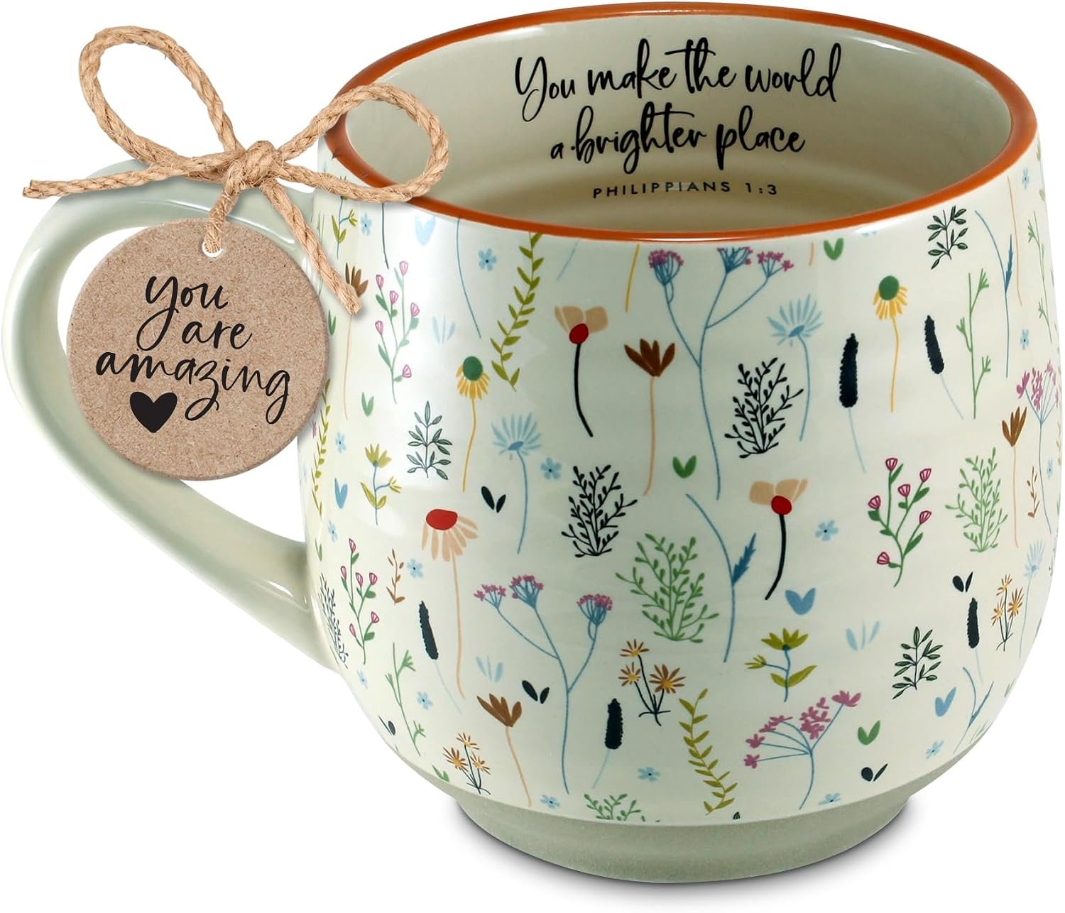 Lighthouse Christian Products Make The World Brighter – Philippians 1:3 – Vintage Floral 18 Ounce Ceramic Drinking Mug