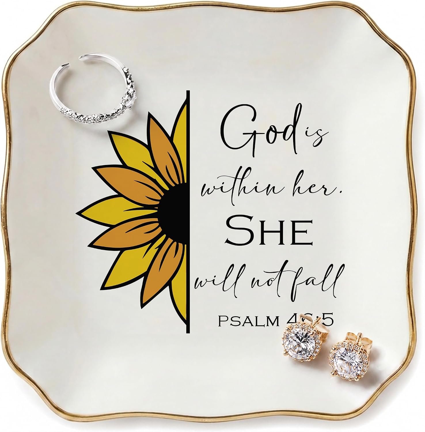 Christian Gifts for Women, Inspirational Bible Verse Ceramic Jewelry Dish Trinket Tray – God Is Within Her Psalm 46:5, Religious Gift for Mom Sister Friend Birthday Christmas (Yellow Sunflower)