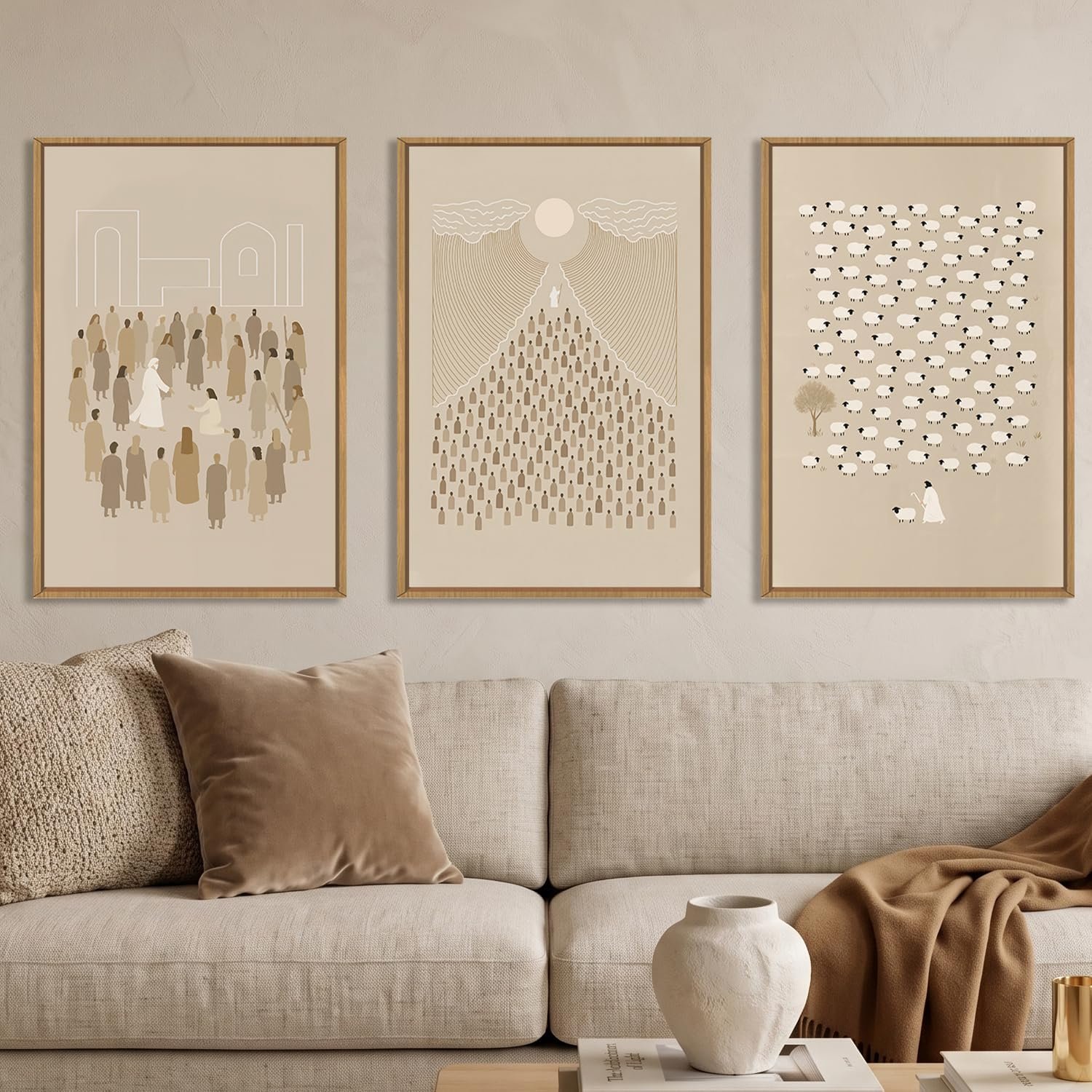 Large Jesus Christian Framed Canvas Wall Art,Boho Lost Sheep Wall Decor,Abstract Sketch Bible Verses Art Prints,Religious Scripture Beige Artwork for Living Room,Dining Room-16″x24″x3
