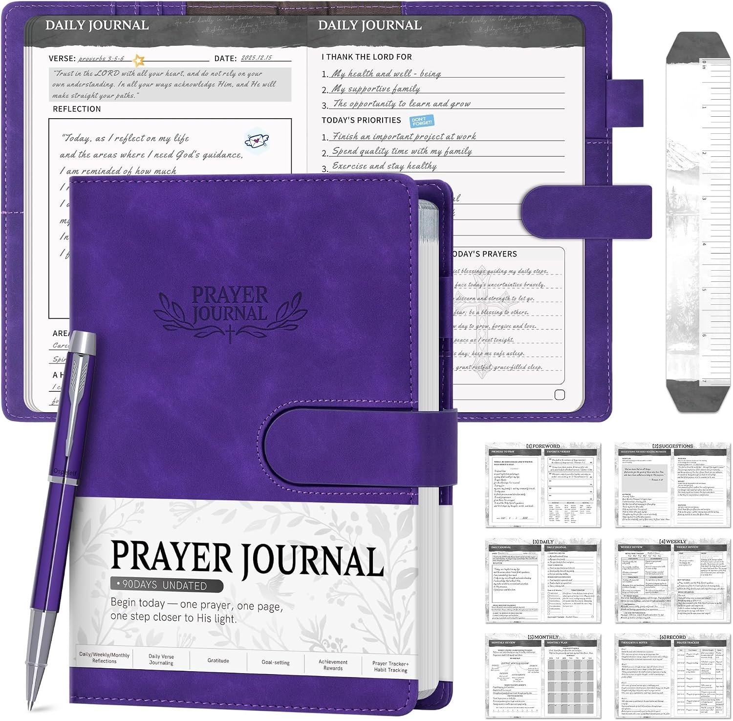 Ospelelf Purple Faux Leather Daily Prayer Journal for Women – Gratitude Journal Bible Study Guided Notebook Planner, Gifts for Christian, Undated 3 Month 2026 2027