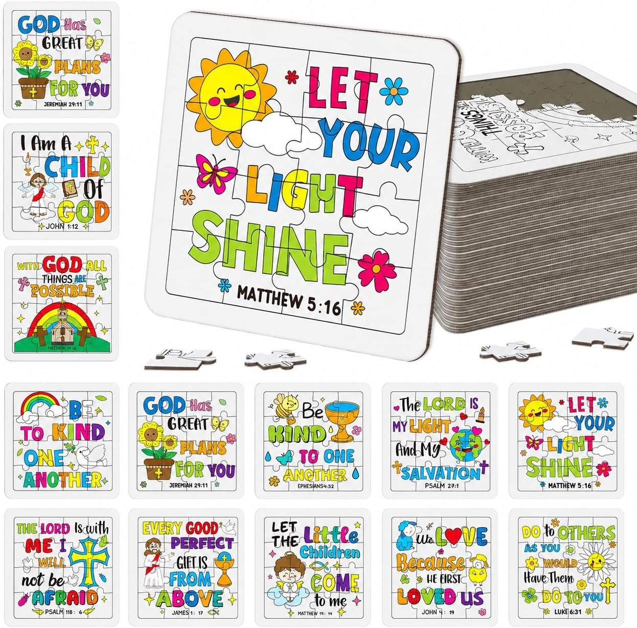 Cinrobiye 24 PCS Bible Coloring Jigsaw Puzzle Craft Kit for Kids, DIY Christian Inspirational Puzzle Set Bulk, Religious Sunday School VBS Church Crafts, Party Favors, Classroom Activities