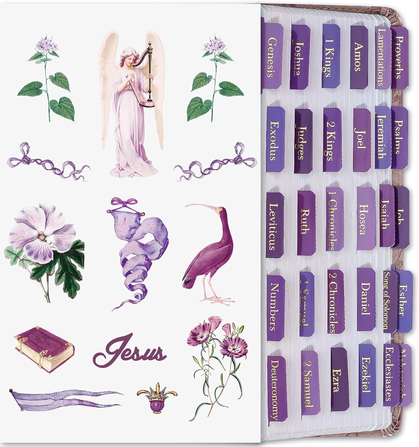 XKDOUS Bible Tabs with Sticker, Gold Foil Bible Book Tabs for Women, Purple