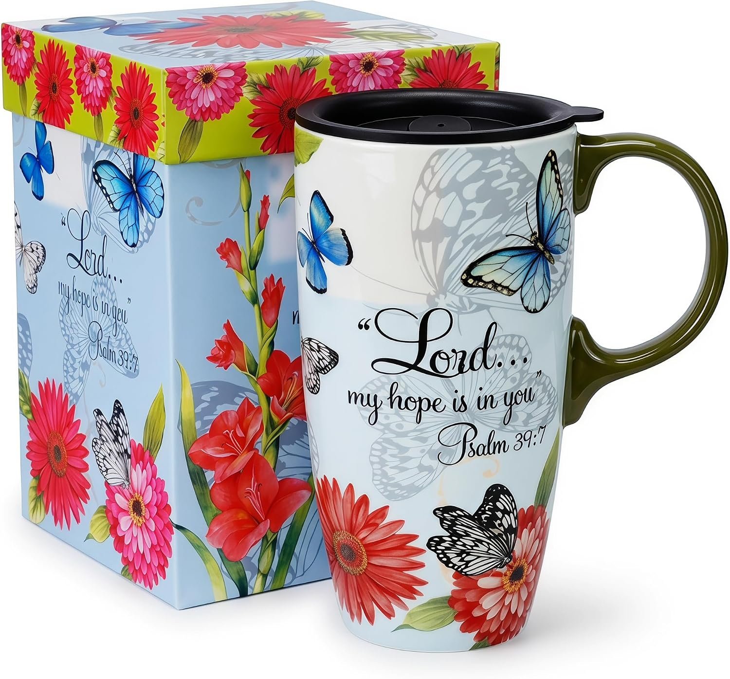 Topadorn 17oz Ceramic Travel Mug with Lid, Butterfly Coffee Mug with Handle