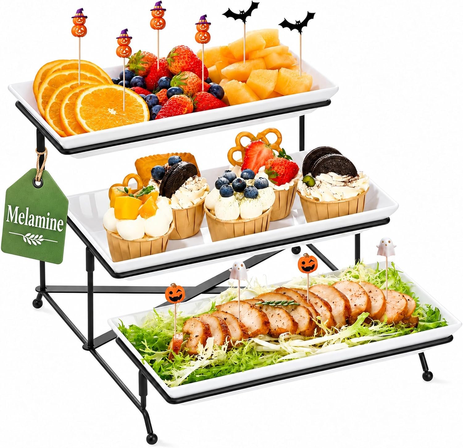Mfacoy 3 Tier Serving Tray Set, 12″ Tiered Serving Trays Platters, Reusable Serving Tray for Party, Collapsible Sturdier Stand with Stable Cross Bars, Serving Platters for Veggie, Fruit, Dessert
