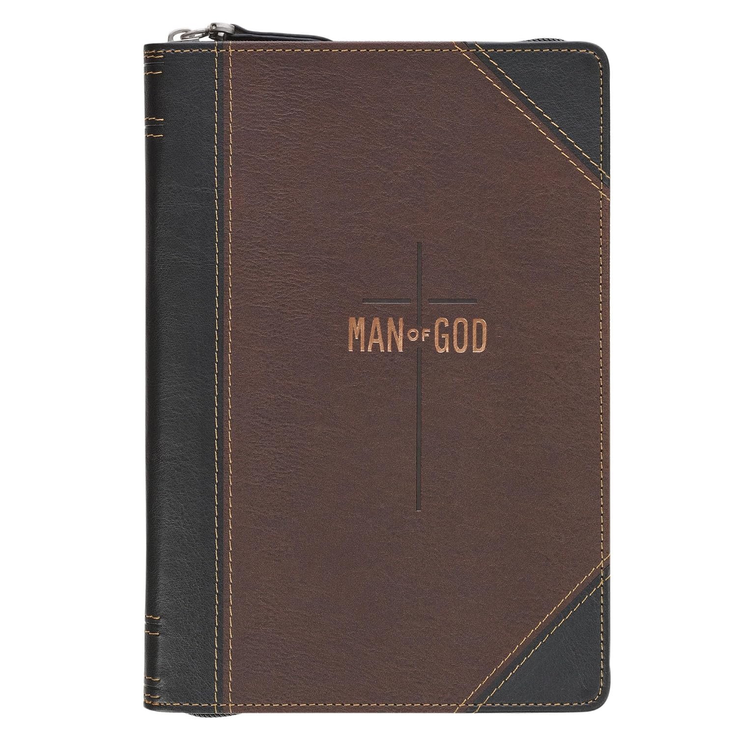 Christian Art Gifts Inspirational Zippered Journal, Man of God Wide Ruled Notebook, 1 Tim. 6:11 Bible Verse, Two Tone Brown/Black Vegan Leather, 336 Lined Pages w/scripture, (9” x 6.4” x .9”)
