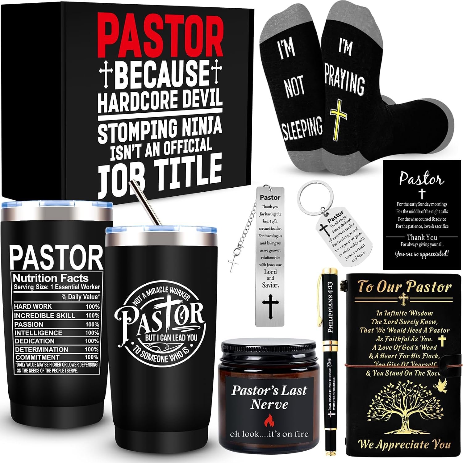 JTAMOHI Pastor Gifts for Men, Pastors Appreciation Gift Set, 20 oz Tumbler Socks Aromatherapy Candle Leather Journal Engraved Pen Bookmark Keychain for Dad, Husband, Grandpa, Male Friends, Coworker