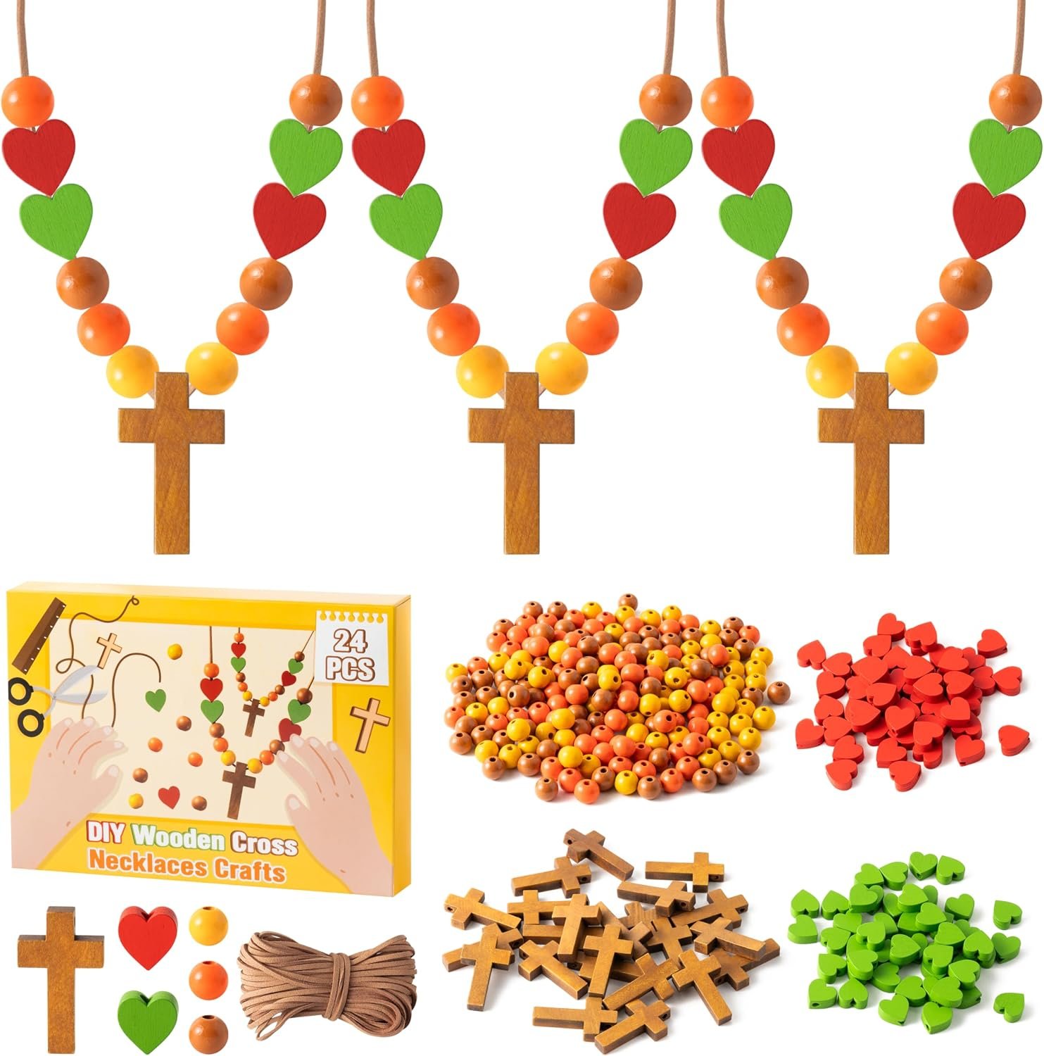 BeYumi Fall Cross Necklace Craft – 24Pcs Thanksgiving Wooden Cross Beads Necklace Craft Kit for Kids DIY Thankful Gift Autumn Religious Christian Wood Art Decor Sunday School Classroom Party Favors