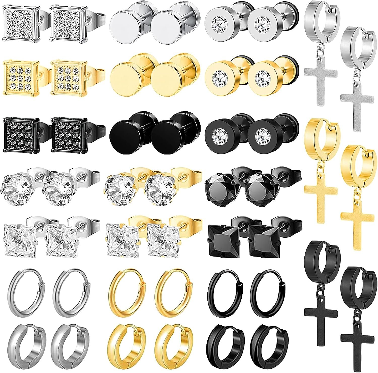 NEWITIN 24 Pairs Stainless Steel Earrings for Men Studs Hoops Earrings Set