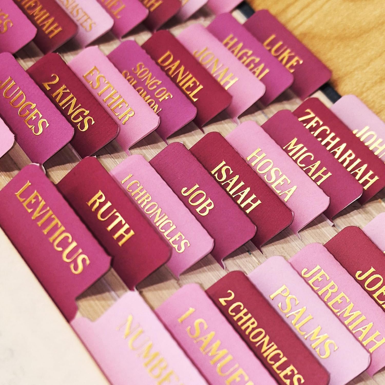Laminated Bible Tabs for Women, Pink, Gold Foil Embossed Lettering, 105pcs