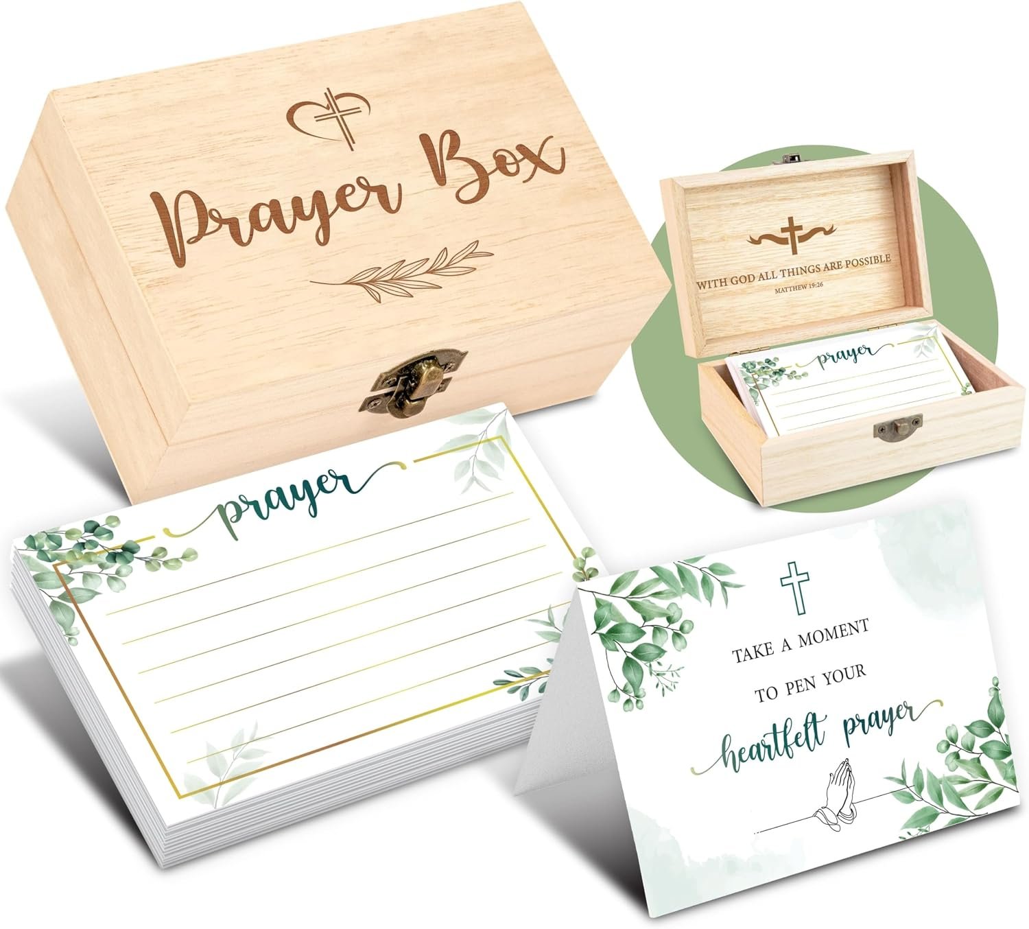 WOODAMORE Greenery Prayer Boxes With Cards To Write On – 50 Pcs Blank Prayer Cards, Prayer Request Card Box