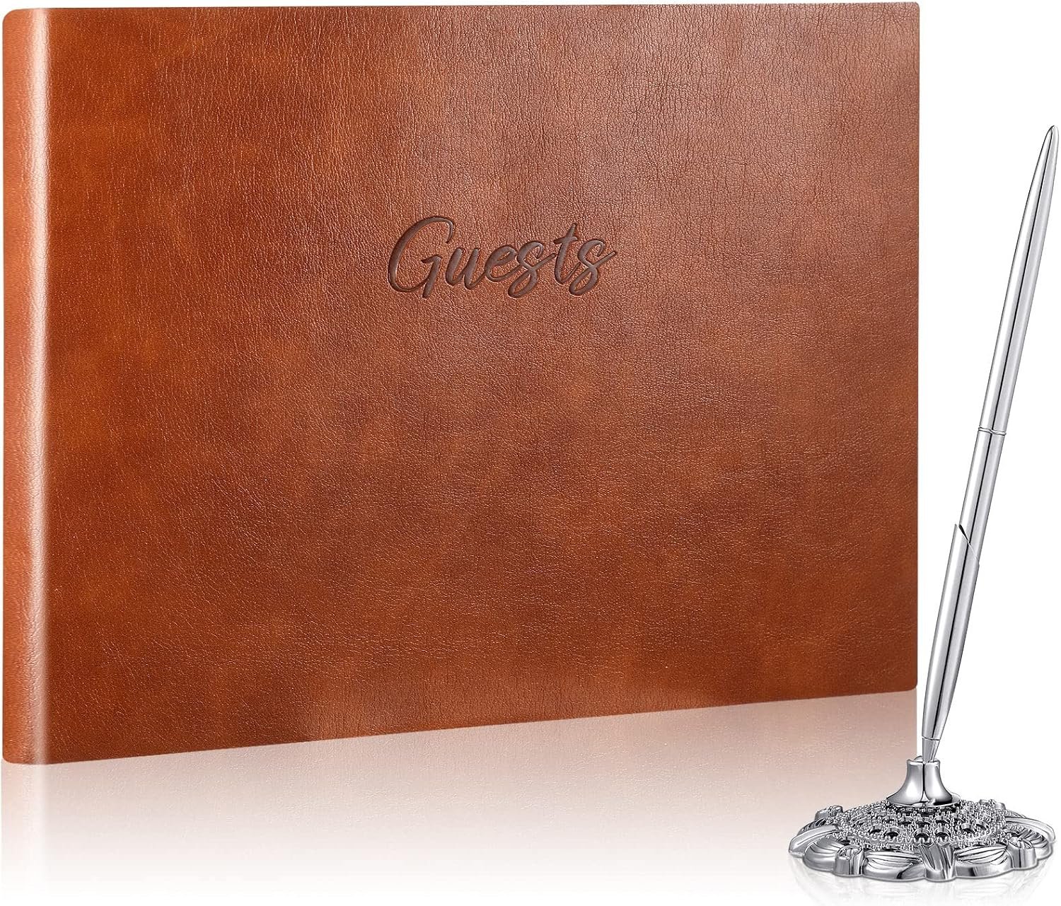 Geyee Leather Guest Book and Pen Stand Set, 10.5″ x 8″, Brown
