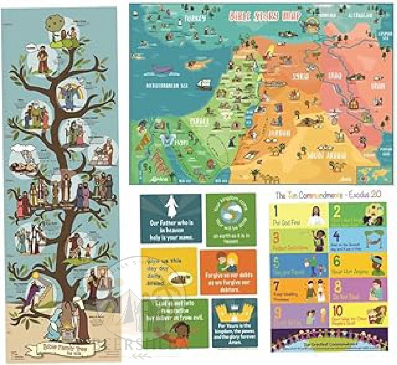 Sunday School Bible Posters for Kids – Educational & Inspirational decorations for classroom and christian bulletin boards. Set of 4, The Lord’s Prayer, Ten Commandments, Bible Story Map, & Family Tree Timeline