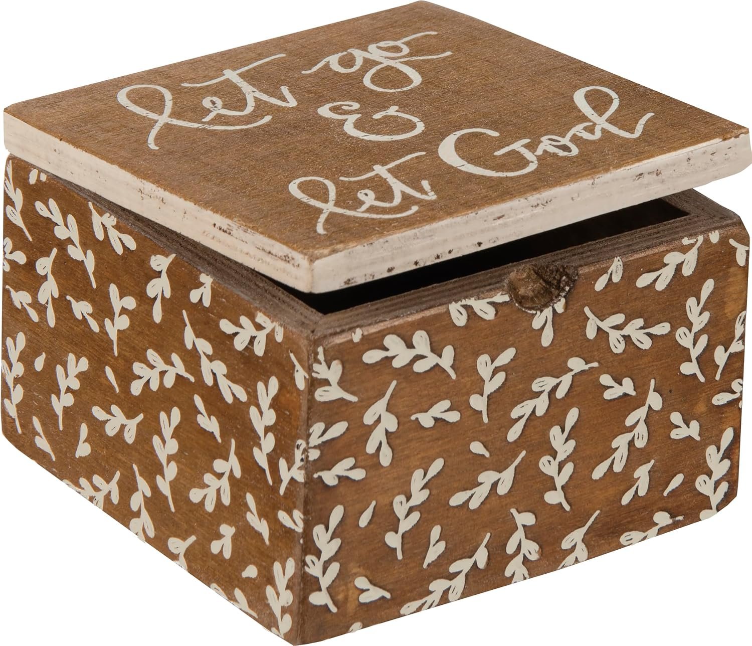 Primitives by Kathy Stylish Prayer Box, Embossed Let Go & Let God Sentiment and Leaf Pattern, Natural Wood Box with Hinged Lid, Faith Gift Ideas, 4 by 4 Inches, Keepsake Storage