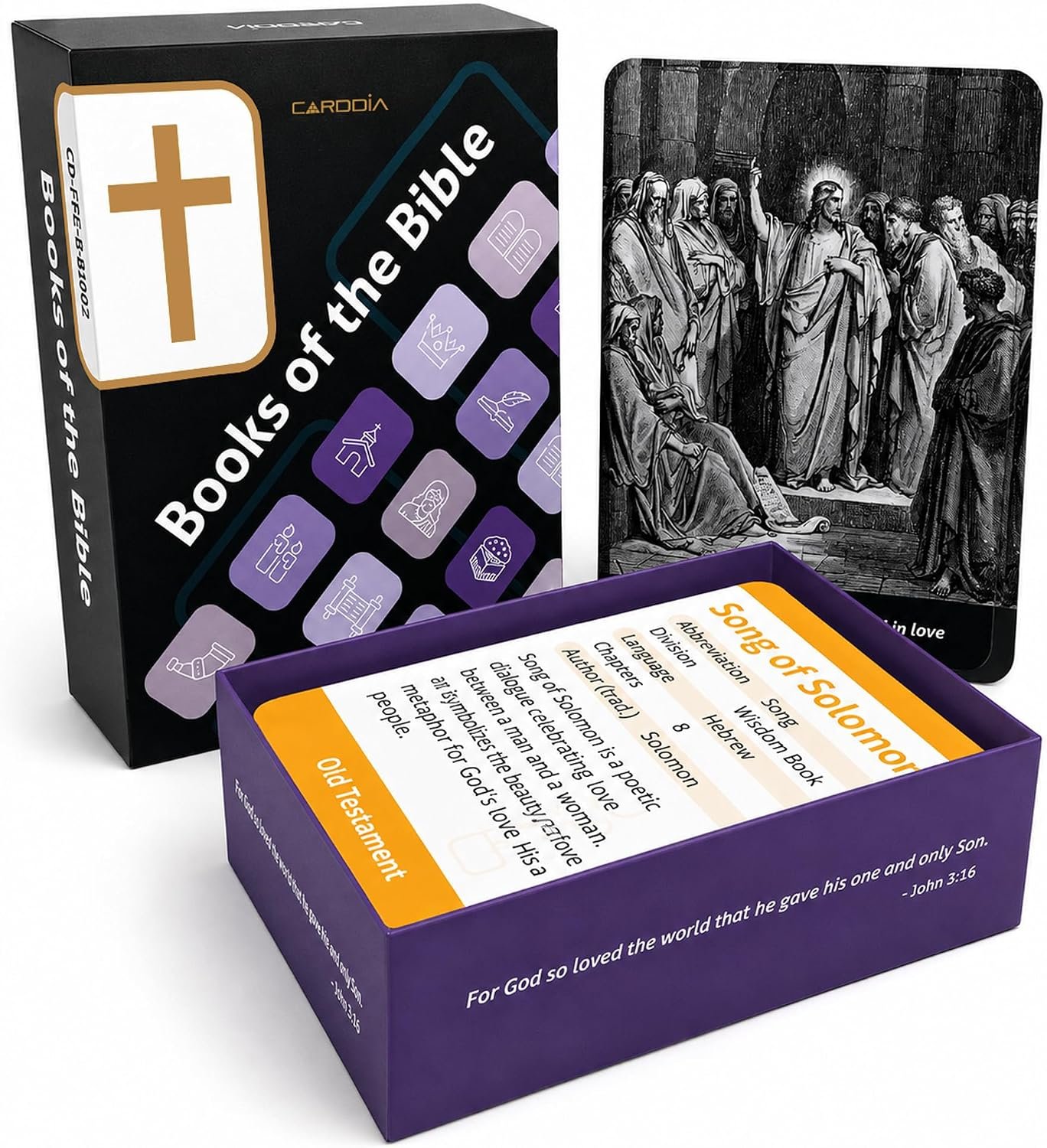 CARDDIA | Books of The Bible Flash Cards | Woodcut Illustrations, Color-Coded Divisions & Key Facts | Perfect for Bible Study, New Christians & Meaningful Christian Gifts