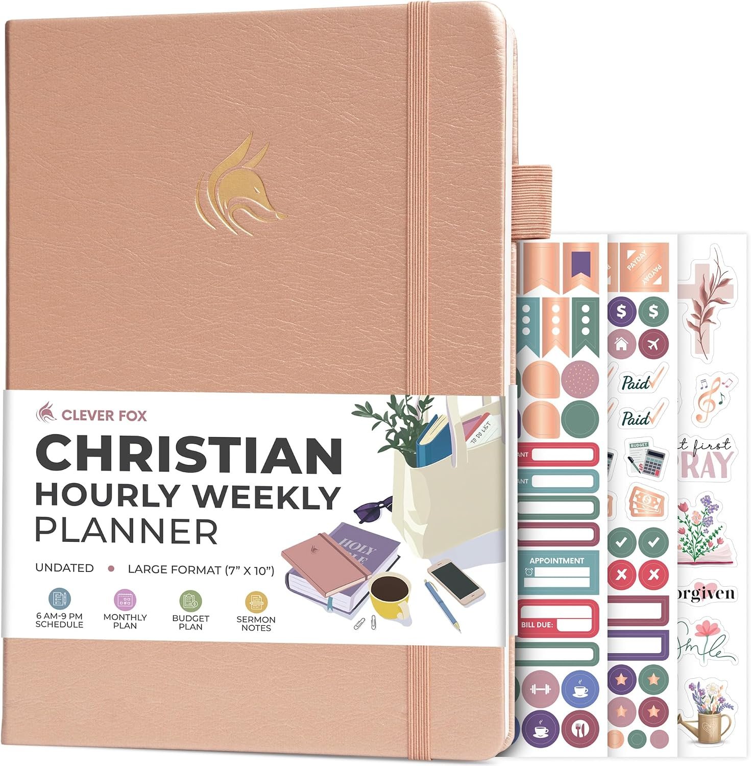 Clever Fox Christian Planner, Undated Hourly Weekly Bible Log, Rose Gold
