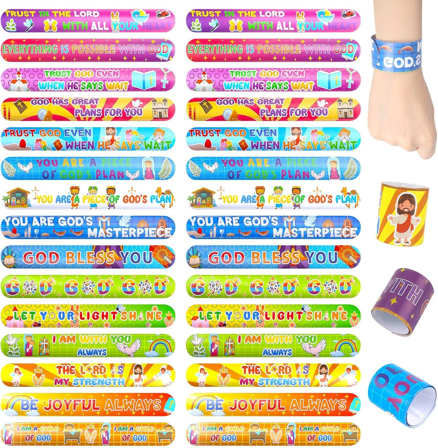 LovesTown 48 PCS Christian Snap Bracelets, Bible Verses Religious Jesus