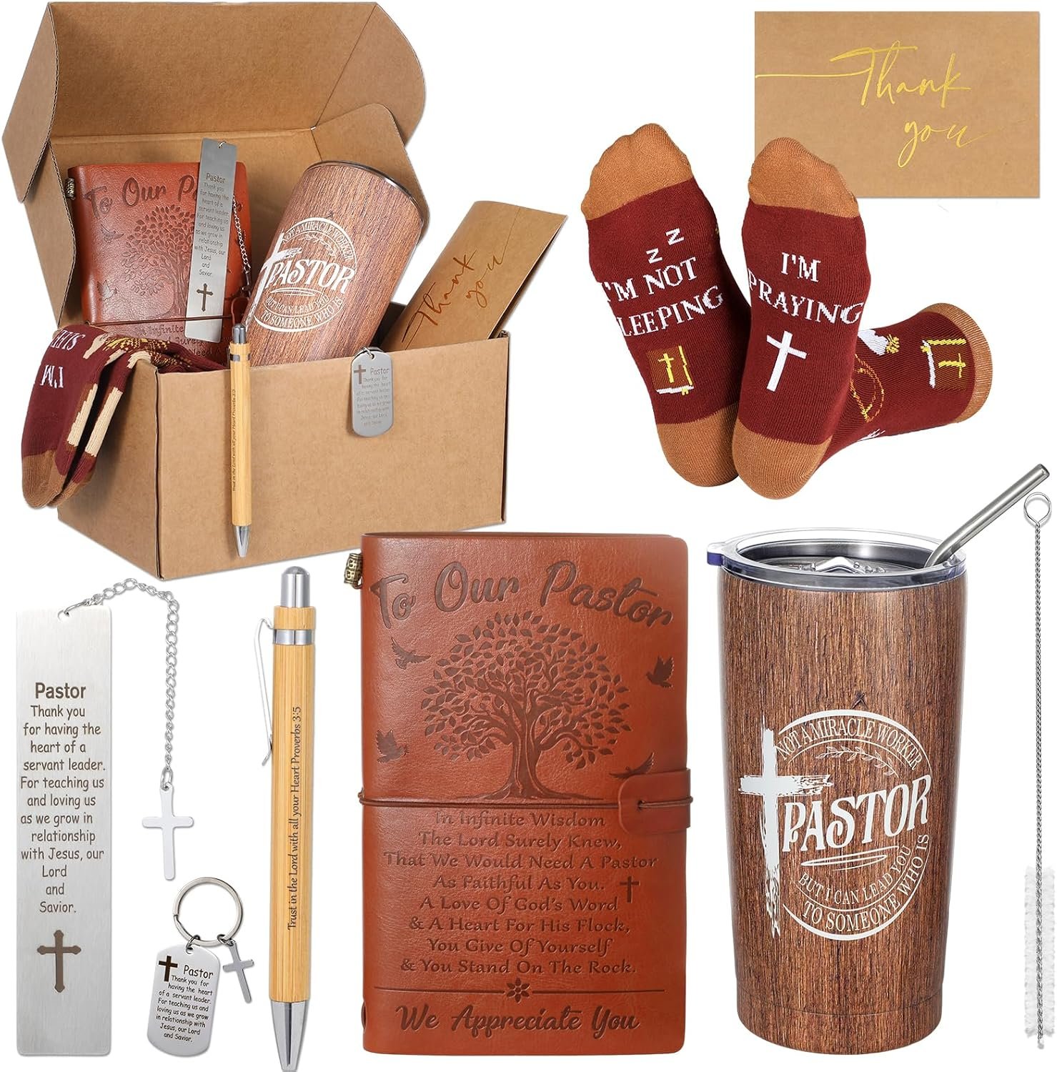 7Pcs Pastor Appreciation Gifts Set Christian Religious Pastors Gifts for Men Pastor Tumbler Priest Socks Clergy Pen Leather Journal Bookmark Keychain Thank You Card for Church Birthday Christmas Gift