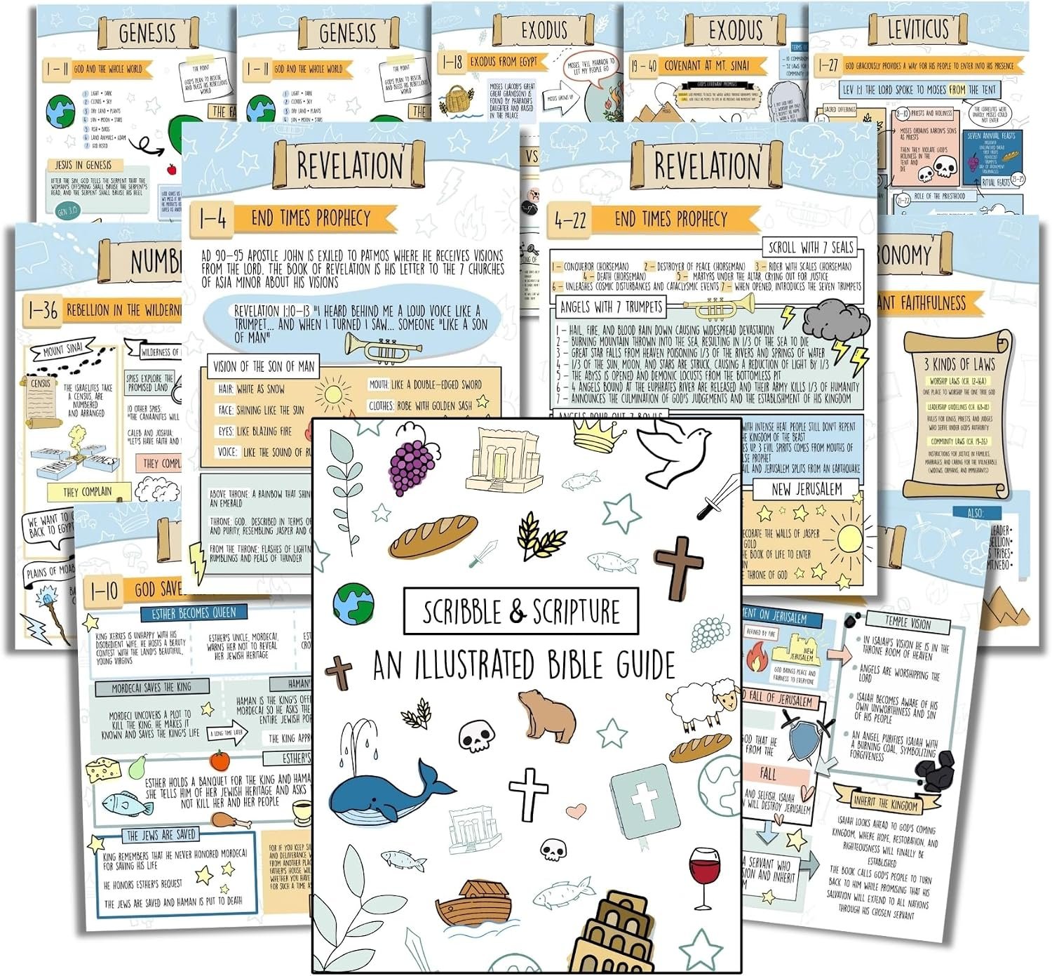 Scribble and Scripture Bible Study Tip Ins, 75 Premium Illustrated Bible Study Inserts with Summaries, Easy-Read Bibles Overview Cards, Bible Made Simple