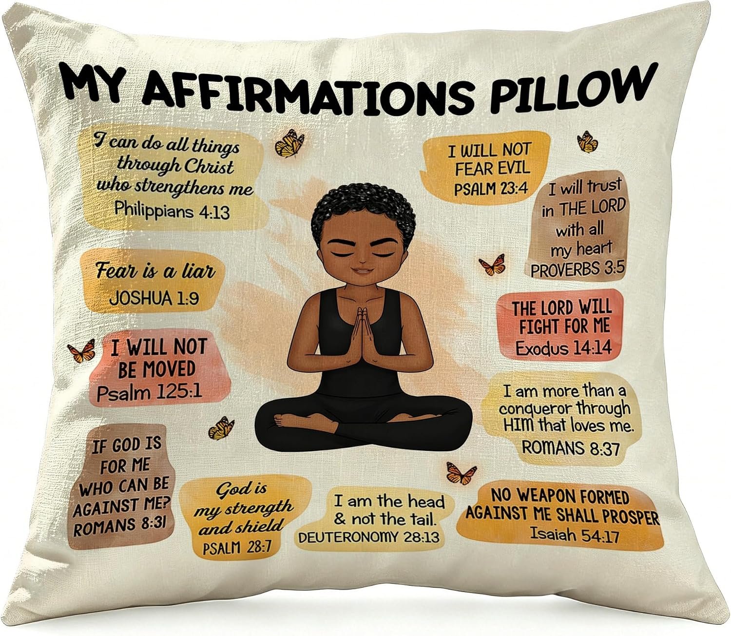 Christian My Affirmations Pillow Cover 18×18, Bible Verse Positive Affirmations Black Woman Meditation Art, Religious Present for African American Women