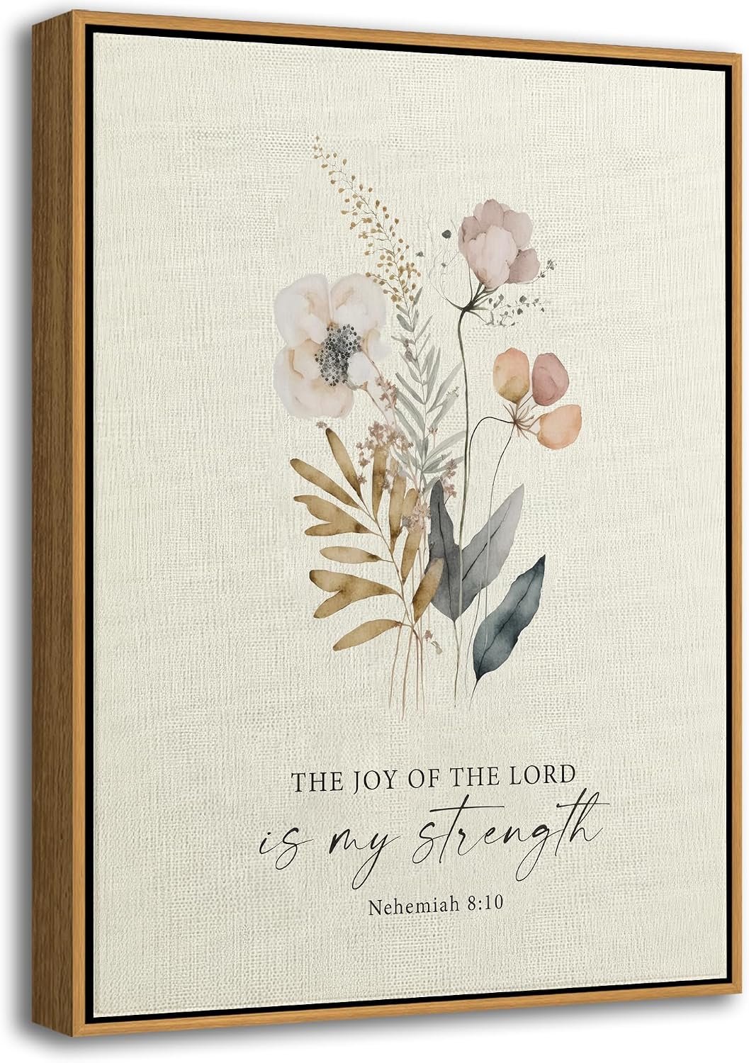 Framed Christian Floral Scripture Canvas Wall Art Boho flower Bible Verse Painting Picture Wall Decor The Joy of The Lord is My Strength Poster Print Artwork for Bedroom Bathroom Home Decoration