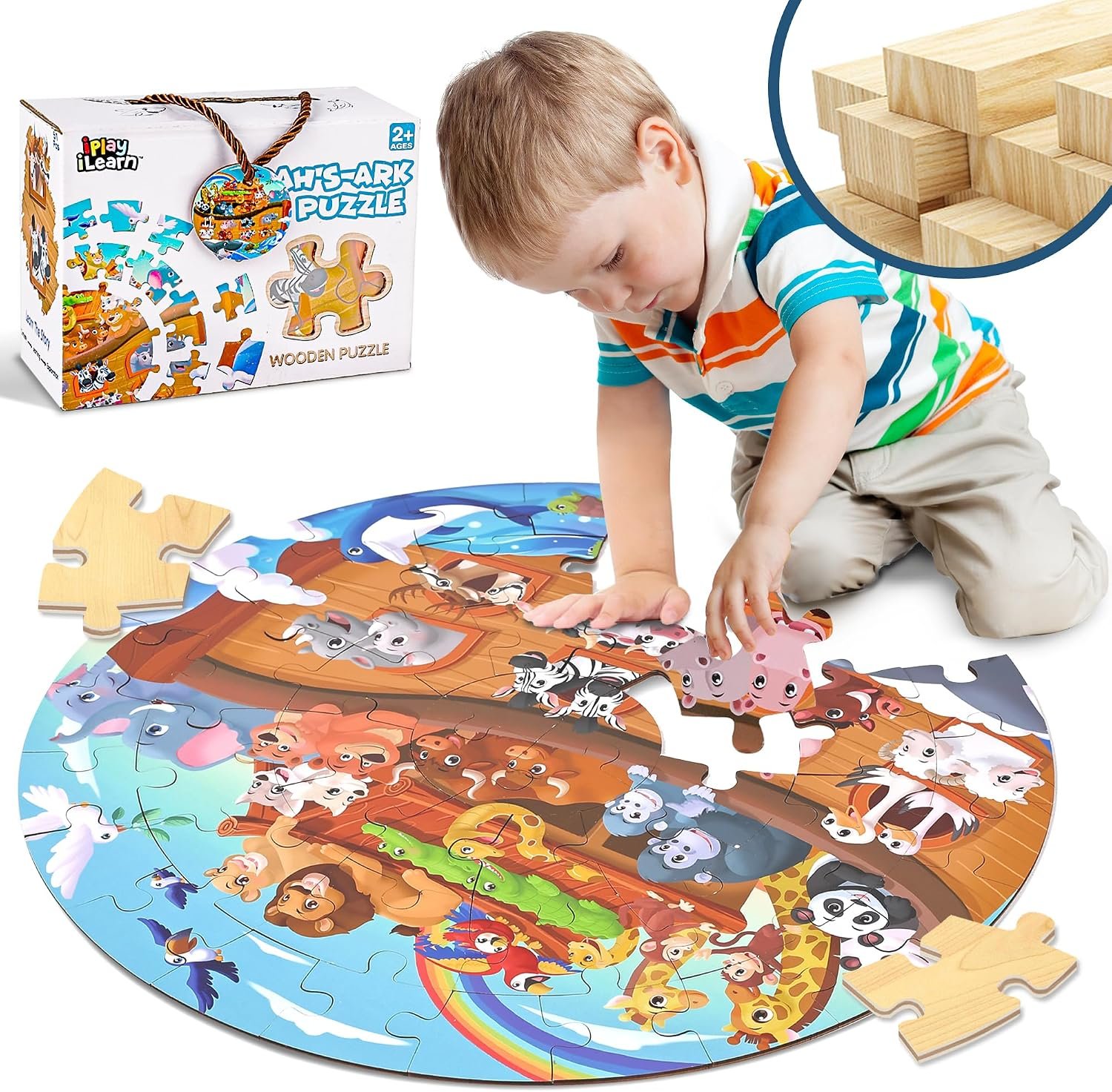 iPlay, iLearn Kids Noah’s-Ark Wooden Puzzle, Floor Puzzle Toy for Ages 3-5