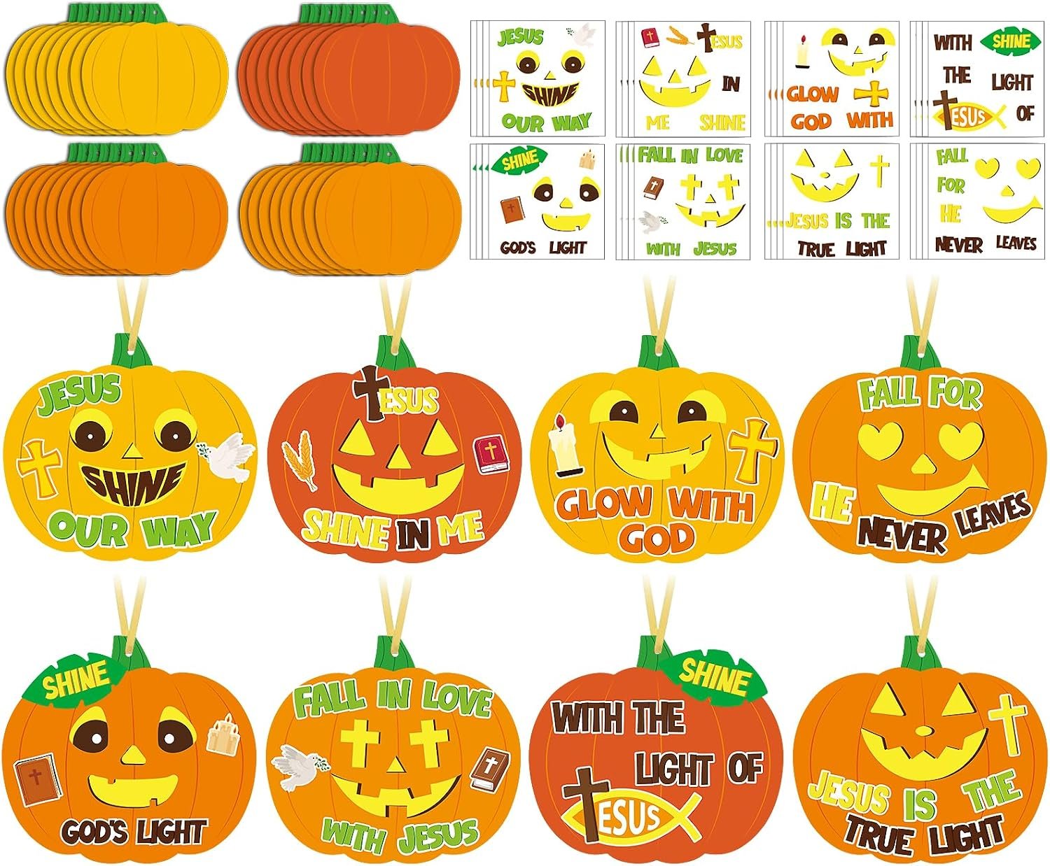 32 Pcs Christian Halloween Fall Pumpkin Crafts for Kids DIY Jesus Cross Hanging Ornaments Decorations Pumpkin Stickers Kit with Ribbons for Thanksgiving Religious Party Favors Sunday School Activities