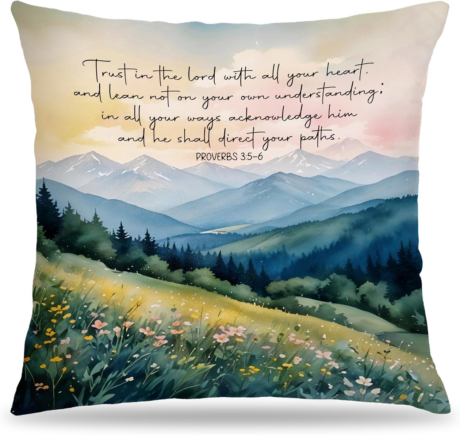 Wildflower Mountain Christian Pillow Covers 18×18, Christian Room Home Decor, Trust in The Lord with All Your Heart Proverbs 3:5-6 Bible Verse Religious Decorative Throw Pillow Covers