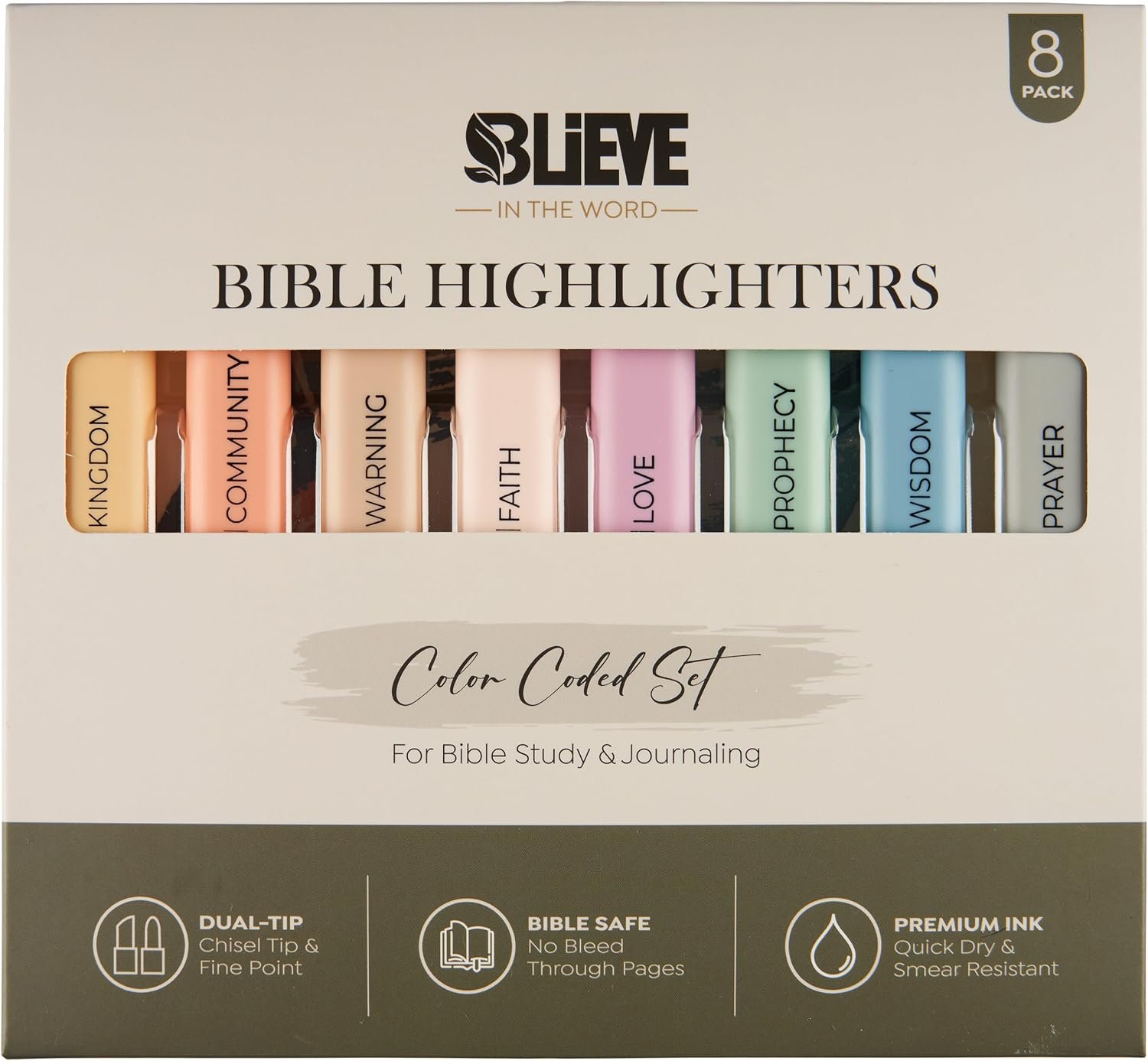 BLIEVE Bible Highlighters No Bleed Through, Color Coded, Dual Tip, 8 Pack