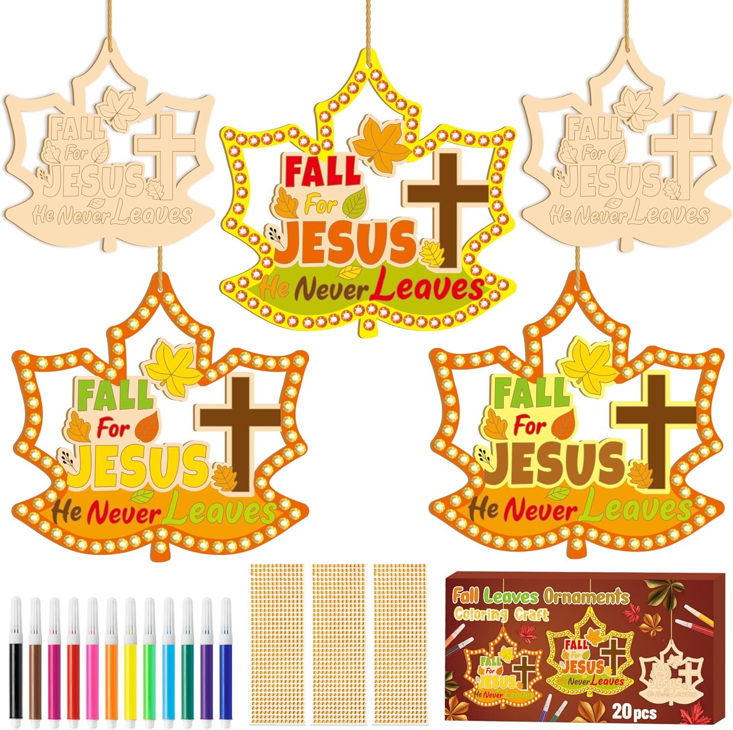 BeYumi Fall Wooden Leaves Craft – 20Pcs DIY Wooden Maple Leaves Ornaments Craft Kit for Kid Make Your Own Christian Religious Fall for Jesus Craft with Gem Sticker Church Thanksgiving Party Decoration