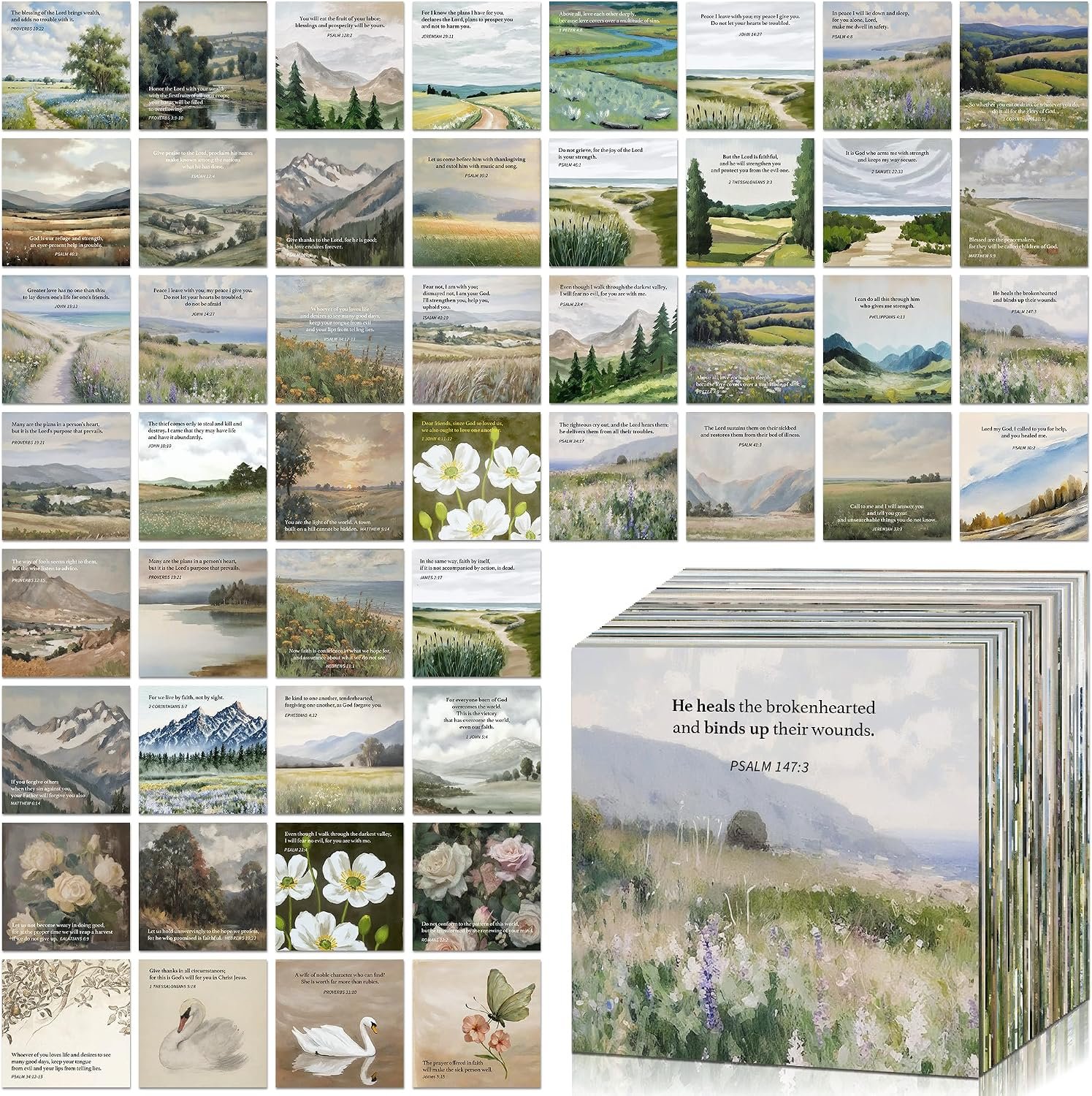 Watercolor Bible Verse Cards, 60 Mini Prayer Cards on 300GSM Pearl Paper