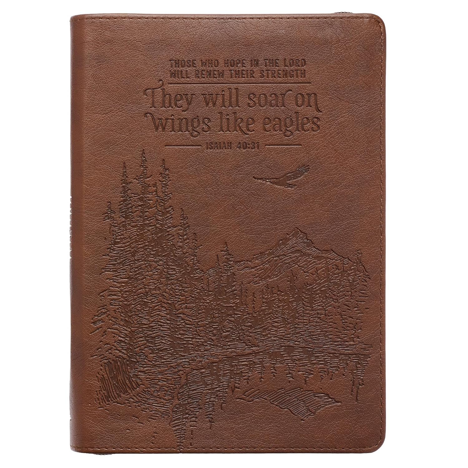 Classic Faux Leather Journal Soar Wings Like Eagles Isaiah 40:31 Bible Verse Brown Inspirational Notebook, Lined Pages w/Scripture, Ribbon Marker, Zipper Closure