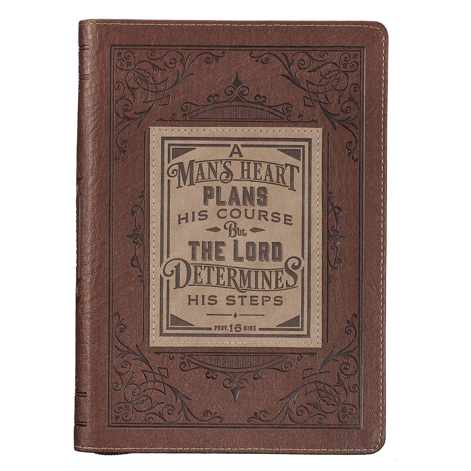 Classic Faux Leather Journal A Man’s Heart Proverbs 16:9 Bible Verse Brown Inspirational Notebook, Lined Pages w/Scripture, Ribbon Marker, Zipper Closure