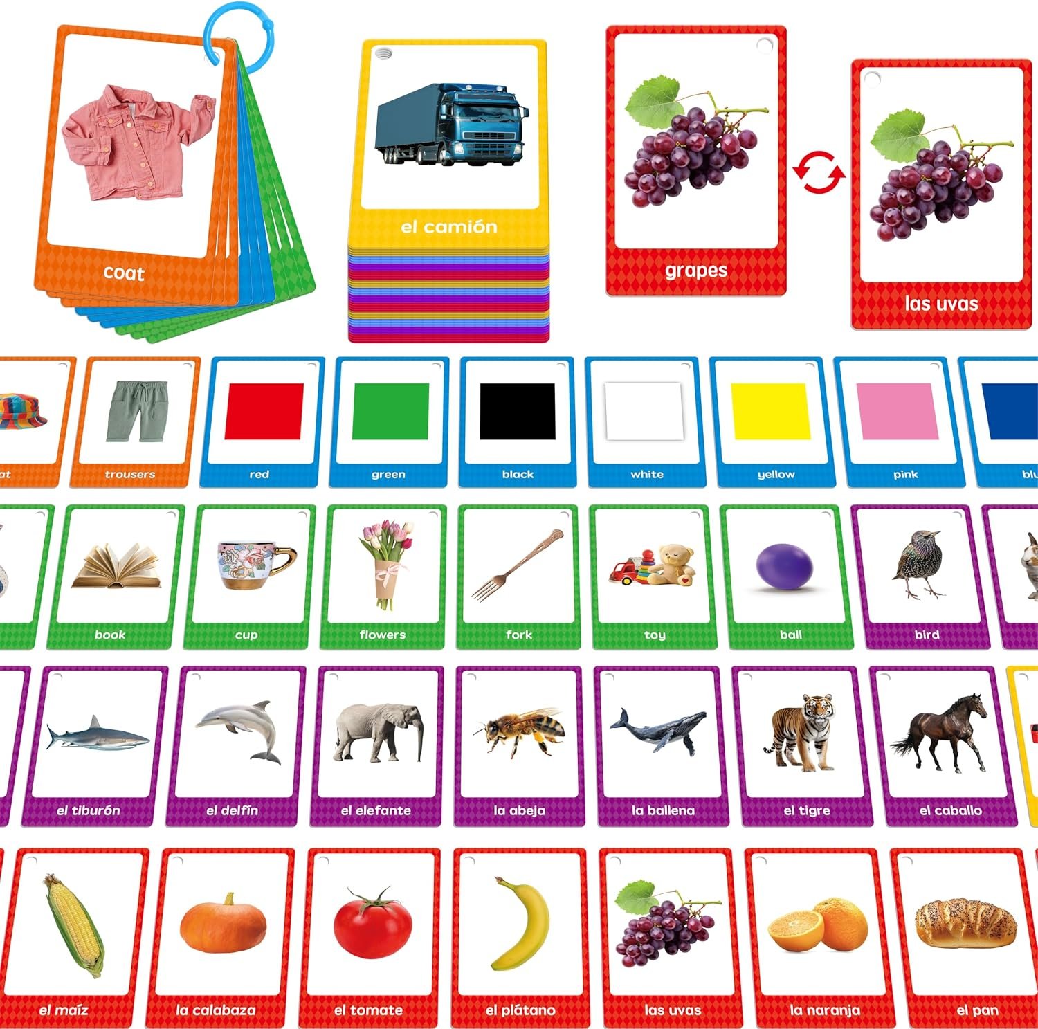 60 English Spanish Flash Cards, Double-Sided Nouns Cards Bilingual Sight Words – Animals, Colors, Food, Vehicles Cards, Language Vocabulary Learning Tool for Beginners 5+ with 2 Reclosable Rings