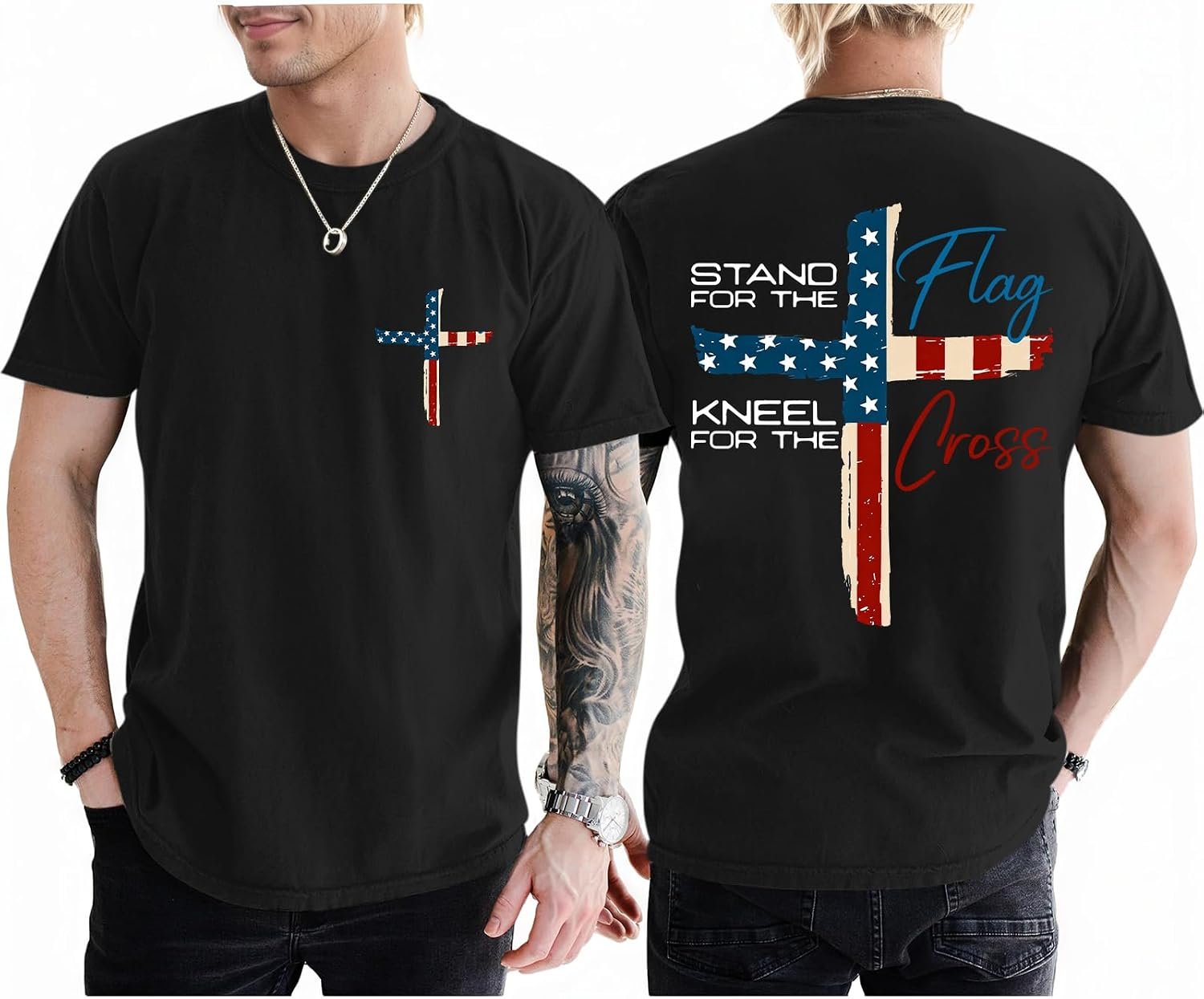 Tuislay Mens Christian Stand for The Flag Kneel for The Cross Shirt American Flag Graphic Tees Jesus Faith Religious T Shirts