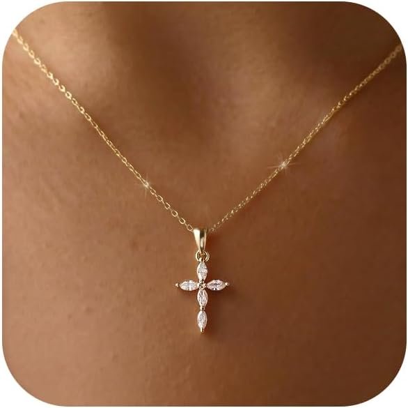 Cross Necklace for Women, Dainty 14K Gold Plated CZ Pendant