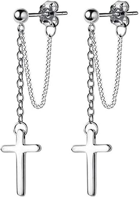 Cross Dangle Drop Earrings 925 Sterling Silver Chain Dropping for Women Girls Punk Ball Studs Hypoallergenic Jewelry