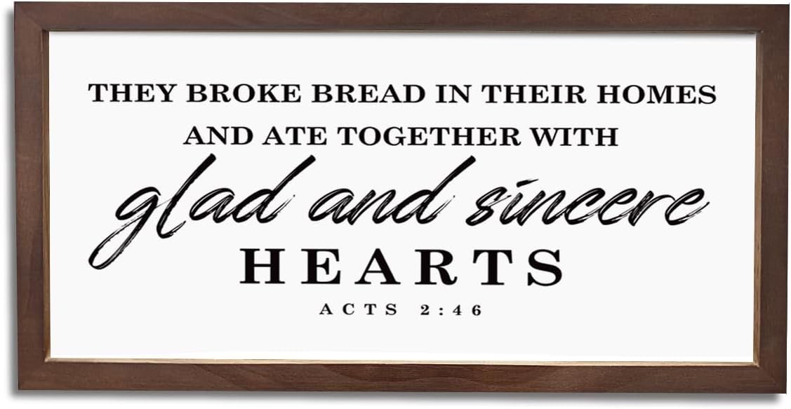 Christian Decor for Kitchen Wall, Farmhouse Wood Framed Sign 15×7.5×0.3 inches, Rustic Home Decor, Dining Room Decors, Bible Verse Wall Art, Acts 2:46 Sign – They Broke Bread in Their Homes