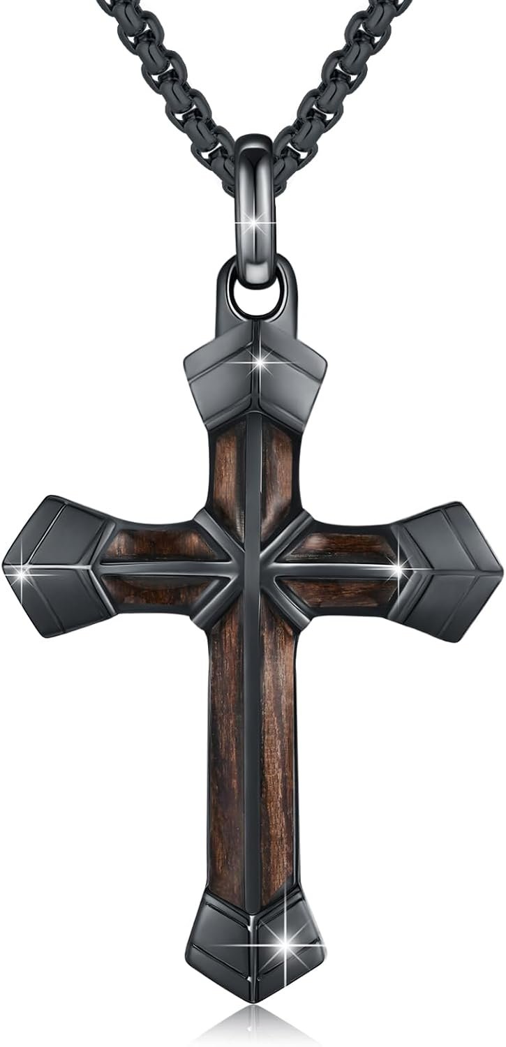 Cross Necklace for Men 925 Sterling Silver Cross Ebony Wooden Ankh Raven Praying Hands Crucifix Amulet Religious Jewelry Gifts for Men Women