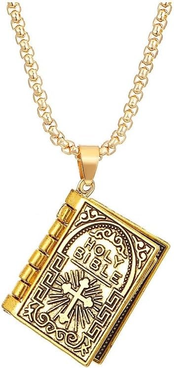 Caiyao Holy Bible Book Pendant Necklace Openable Prayer Bible Verse Religious Christian Necklace for Men and Women