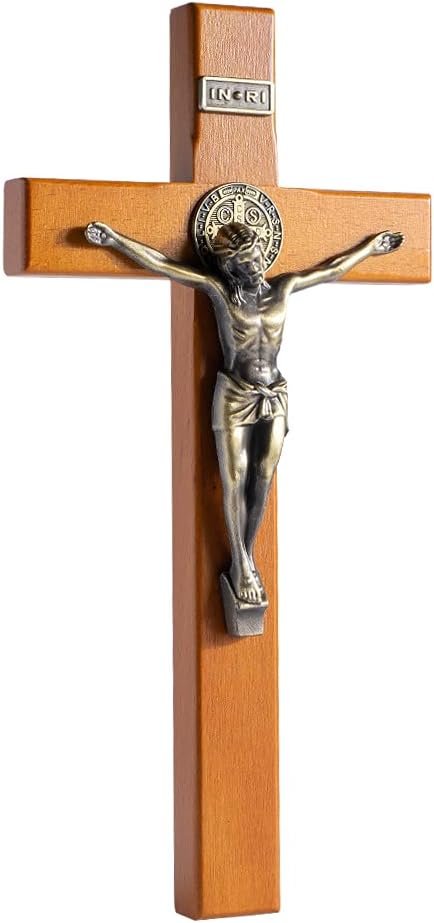 KUXBET Crucifix Wall Cross Wooden Jesus Christ Catholic Hanging Wall Cross for Home Decor 10 Inch Cross For Wall Golden Oak (10″ L x 4.9″ W)