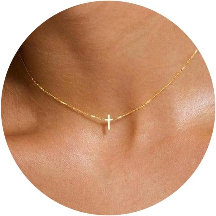 Tewiky Dainty Cross Necklace for Women, 14K Gold Plated Cross Necklaces