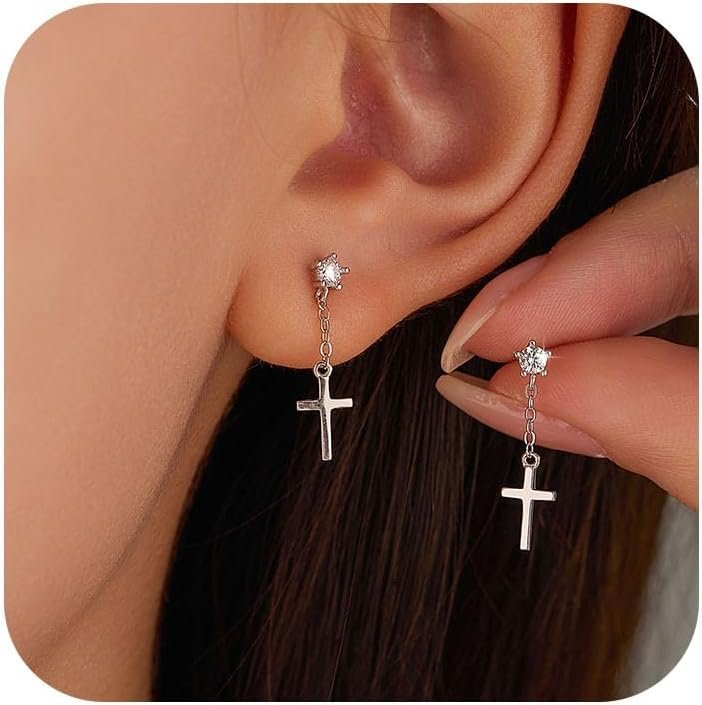 925 Sterling Silver Cross Hoop Dangle Earrings for Women Mother