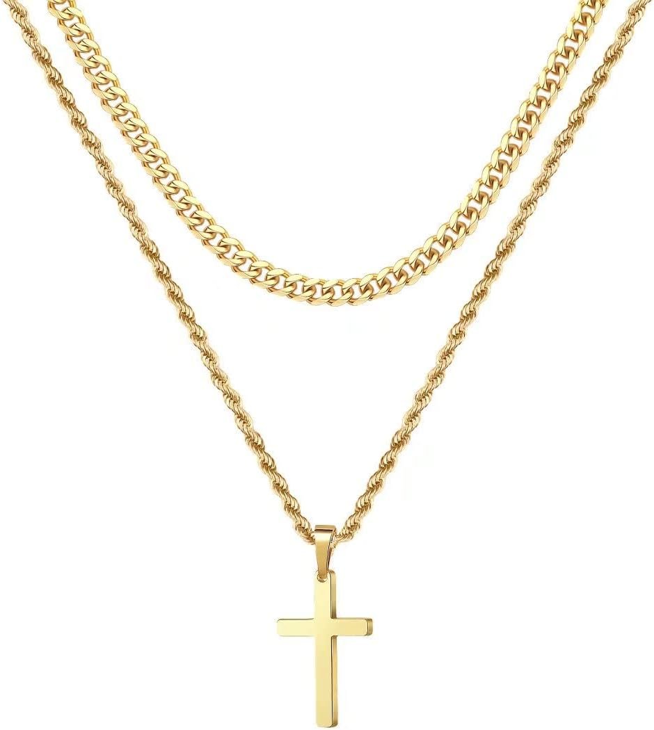 Ursteel Layered Cross Necklaces for Men – 18K Gold Plated Cross Necklaces Chain for Men Boys Gifts, Silver Rope Chain Layered Necklace Jewelry 16 18 20 22 24 Inch, First Communion Gifts for Boys