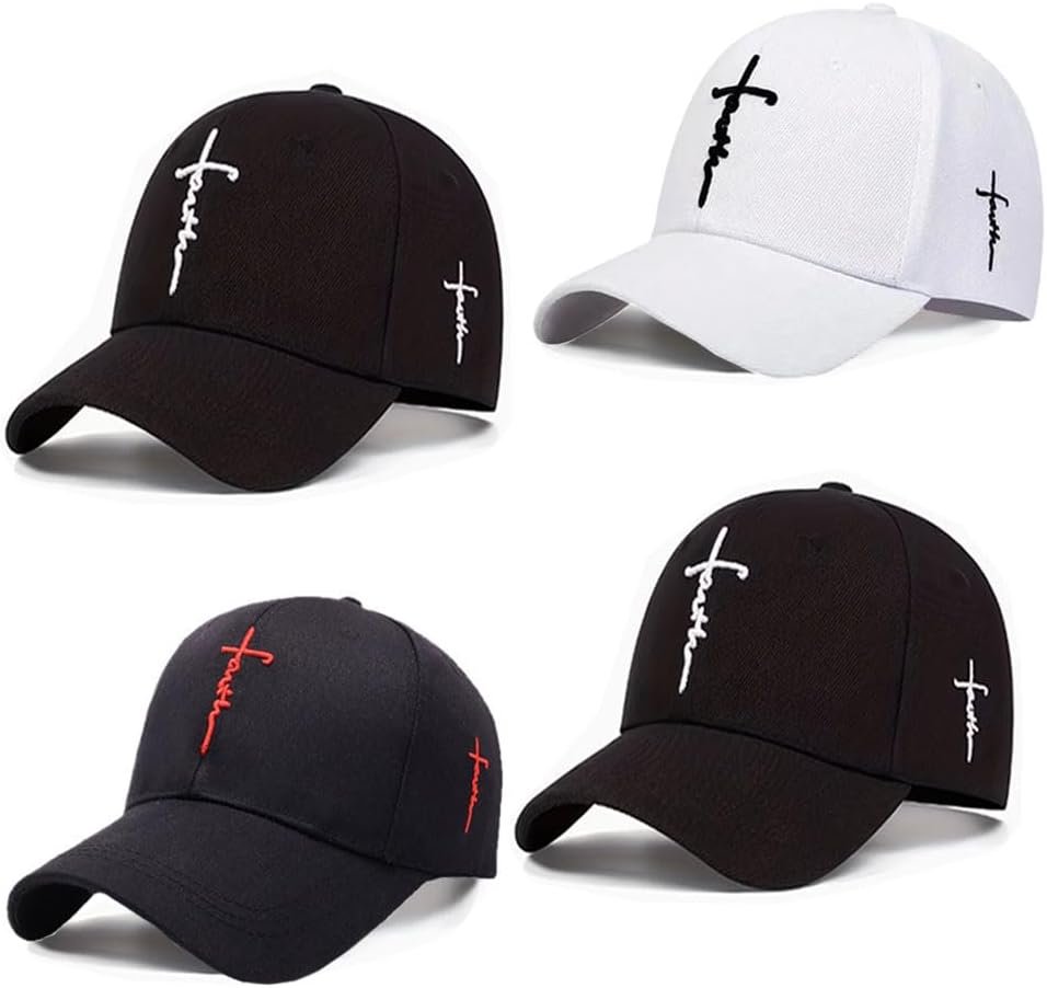 4Pcs/Set Embroidered Faith Cross Baseball Cap, Christian Adjustable Snapback Hat for Men & Women, Structured Dad Hat with Jesus Faith Design Black White and Black Distressed Sunhat