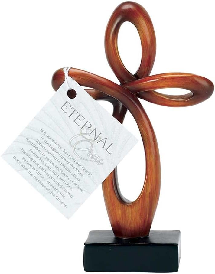 Open Heart Eternal Woodgrain Carved Brown 6 Inch Resin Tabletop Cross