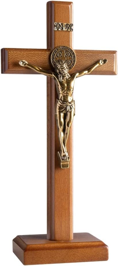 KUXBET Crucifix Cross Catholic 10.7 Inch Wooden Jesus Christ Wall Cross Stand, Hanging or Tabletop with Stand for Home Decor (10.7″ L x 5.0″ W)