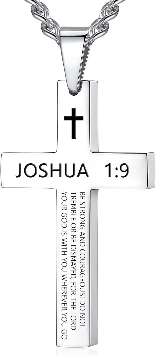 REVEMCN Black & Silver Bible Verse Cross Necklace for Men Boys 20-24″ Chain