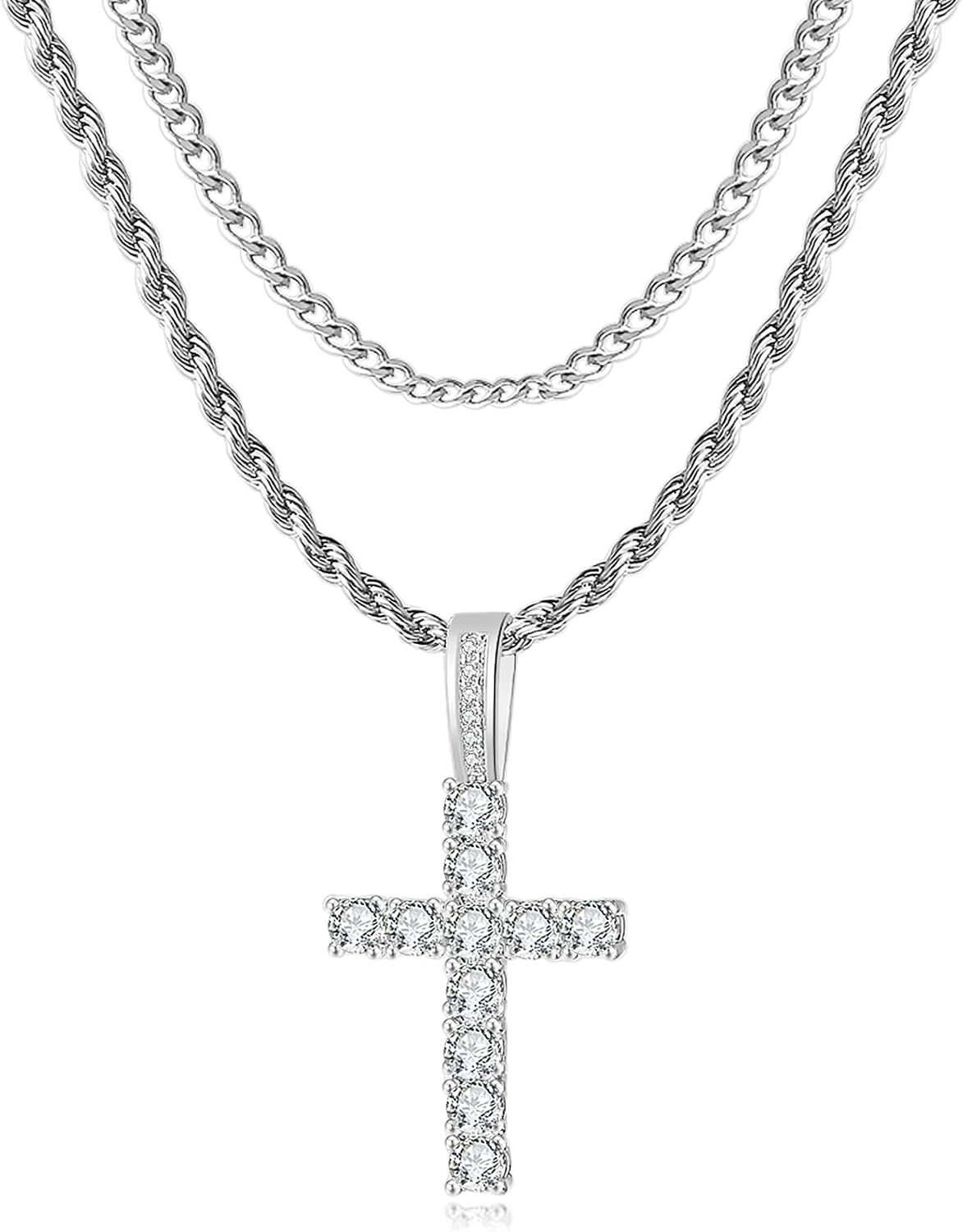 GEMOSA Cross Necklace for Men, Cuban Link Layered Rope Chain Silver/Gold/Black