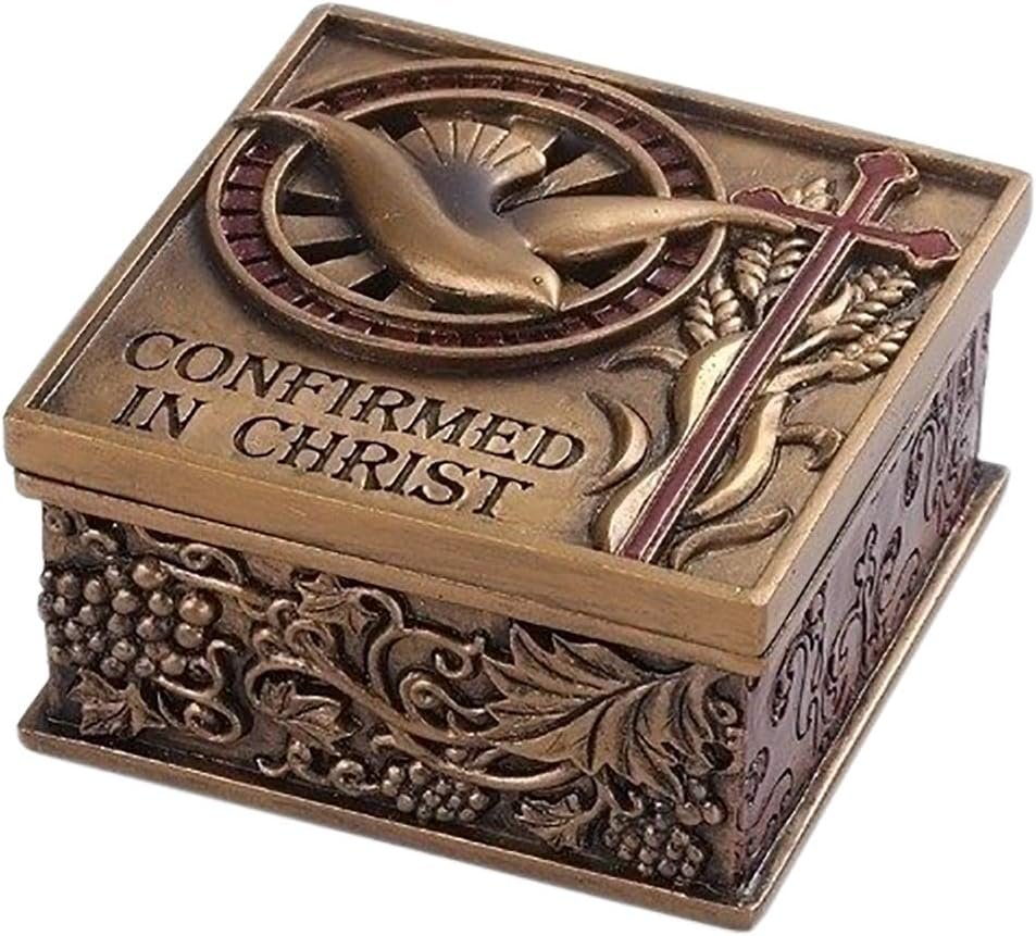 Confirmed In Christ Dove Bronze Tone 2.75 x 2.75 Resin Stone Memory Trinket Box